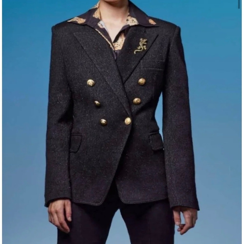 OO LA LA Black Couture Double Breasted Blazer Lizard Brooch Gold Crest Button 8
